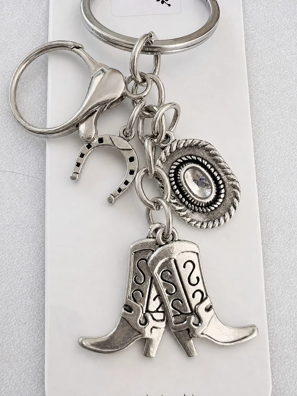 mint Silver Western Charm Keychain with Cowboy Boot, Hat and Horseshoe